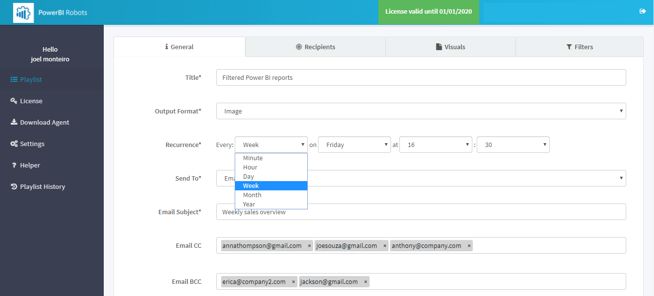 Send Power BI reports with PowerBI Robots - general tab