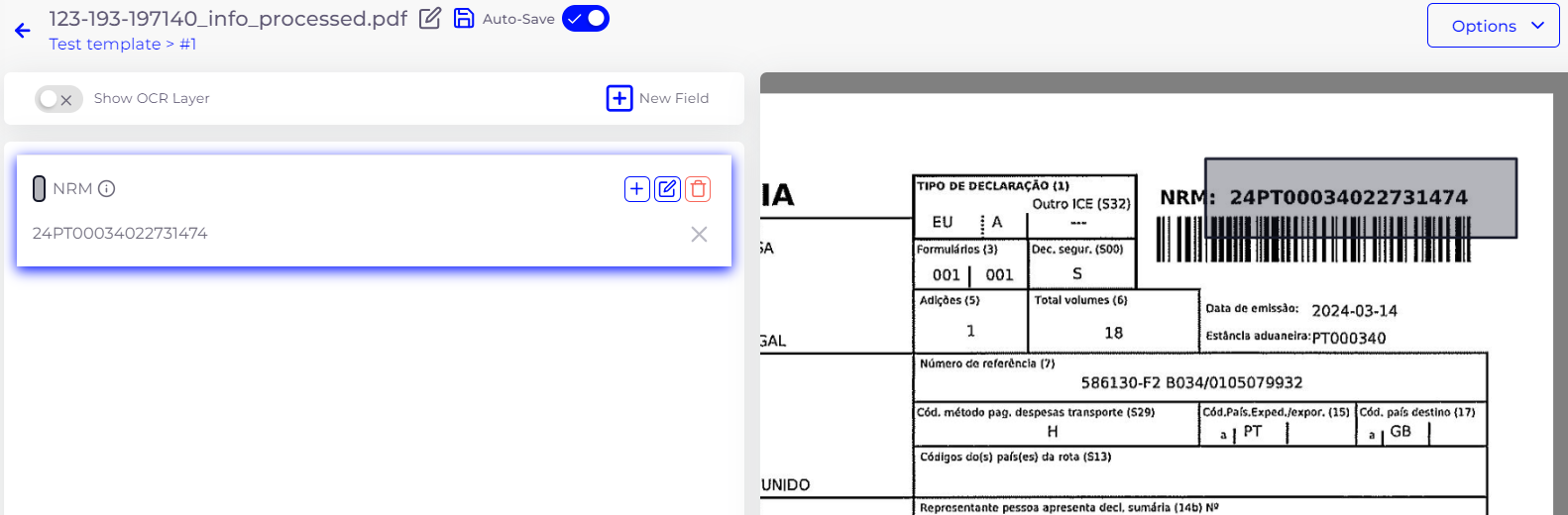 Selecting a field when training SmartDocumentor Cloud to process any document