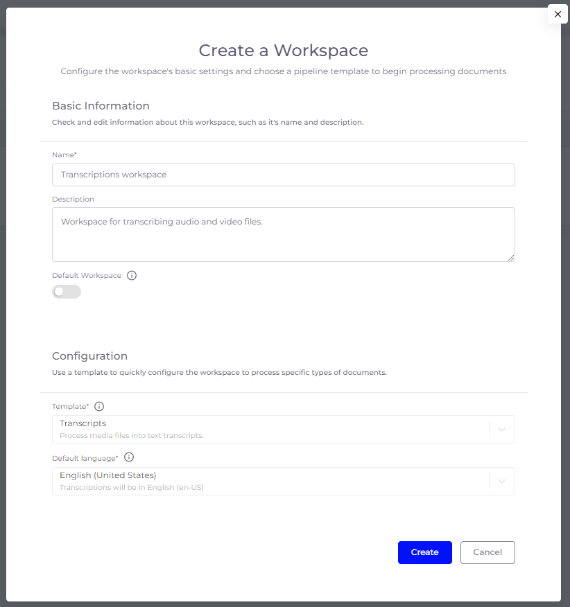 Transcripts workspace - transcribe with SmartDocumentor Cloud